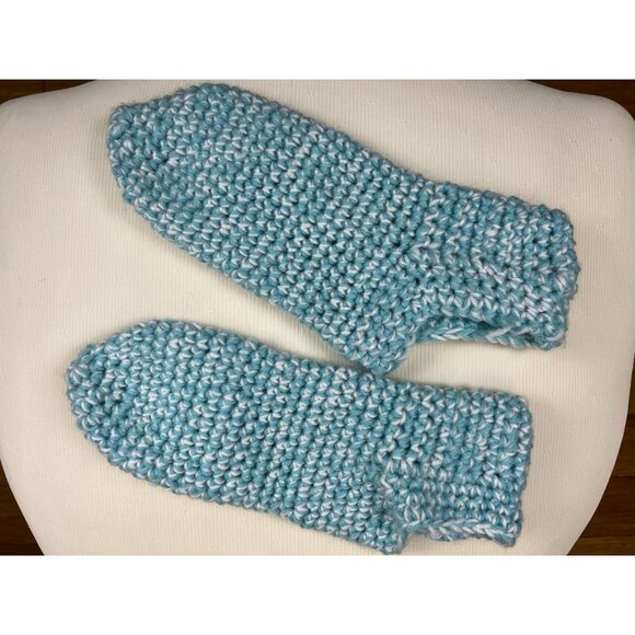 Handmade Crochet Tight Knit Light Blue Cozy Relaxation Socks, Women's Large - Picture 2 of 3